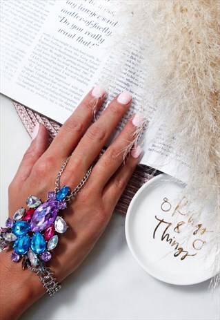 COLOURED DIAMANTE RHINESTONE JEWEL HAND RING BRACELET