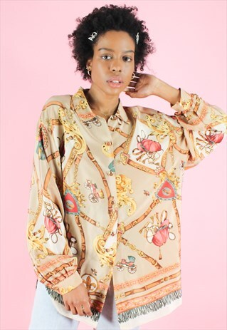 VINTAGE 90S BAROQUE SHIRT BLOUSE BEIGE BUTTON UP PRINT