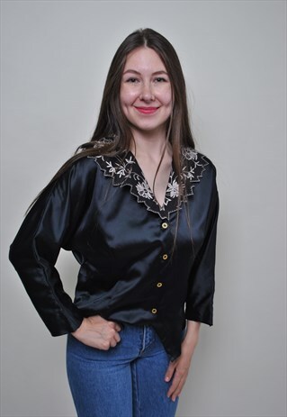 VINTAGE BLACK BLOUSE, FLOWERS EMBROIDERY BUTTON UP SHIRT