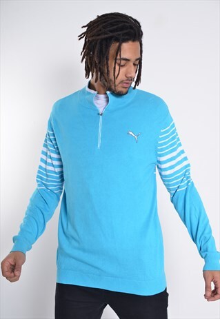VINTAGE PUMA 1/4 ZIP KNITTED SWEATER BLUE