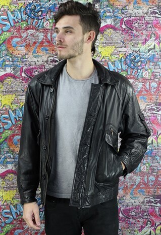 VINTAGE 80'S LEATHER BLACK UNISEX BIKER JACKET. GRUNGE