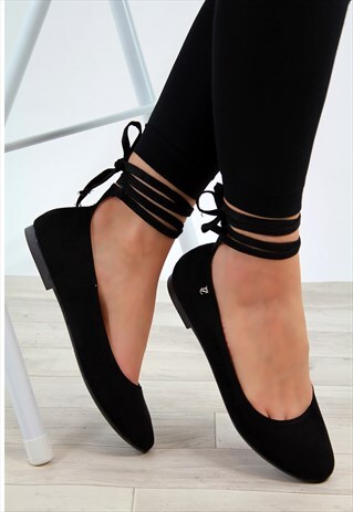 BLACK LACE UP SUEDE BALLERINA FLATS