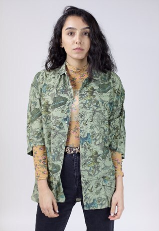 VINTAGE 90S GREEN HISTORY ABSTRACT PATTERNED SHIRT