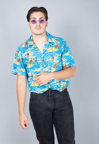 VINTAGE 90S CRAZY PRINT HAWAIIAN FESTIVAL SHIRT. UNISEX.
