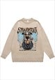 RETRO PRINT SWEATER SPOOKY JUMPER RIPPED KNITTED TIME TOP