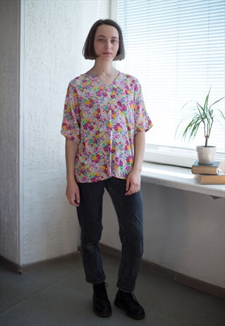 VINTAGE 70'S MULTI COLOUR FLOWER PRINT TOP