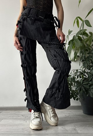 VINTAGE 00'S UNIQUE BLACK PINSTRIPED BELTED ADJUSTABLE PANTS