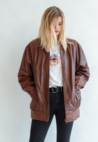 VINTAGE 80S BOMBER LEATHER JACKET IN BROWN