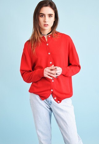 90'S RETRO MINIMALIST OVERSIZED KNITTED RED CARDIGAN TOP