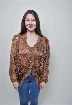 Vintage ruffle blouse, Italian fashion v-neck shirt