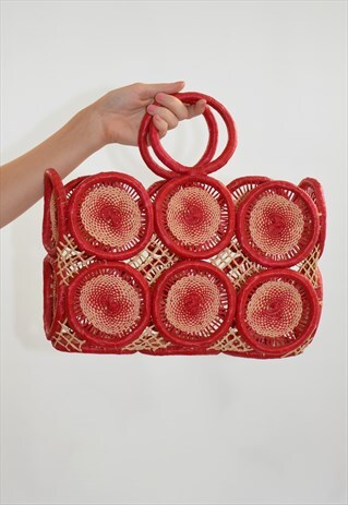 VINTAGE RED STRAW WEAVE WICKER BASKET BAG