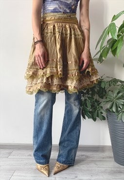 Vintage Y2K 00's Women's Beige & Gold Ruffle Midi Skirt