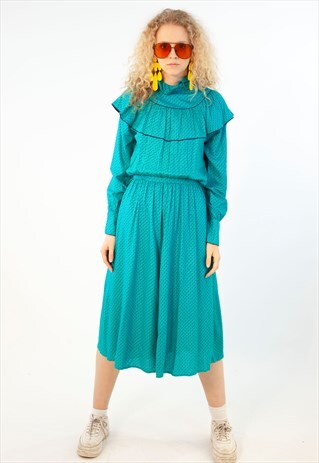 VINTAGE 80S MIDI DRESS TURQUOISE GOLD GEOMETRIC LONG SLEEVED