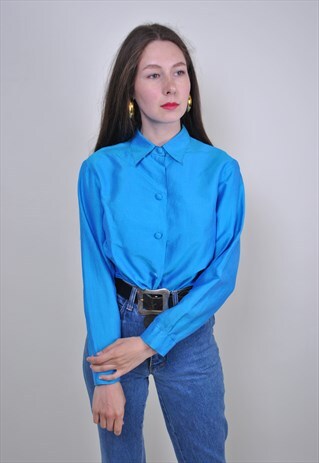 90S BLUE PARTY BLOUSE, VINTAGE LONG SLEEVE SHIRT FOR WORK