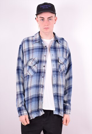 MENS VINTAGE SHIRT XL BLUE CHECK 90'S