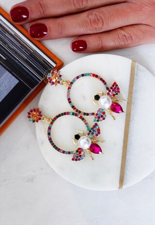 DIAMANTE & PEARL BEE MULTI COLOUR HOOP DANGLE EARRINGS