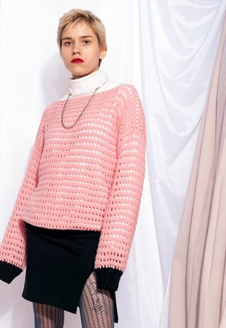HANDMADE KNIT JUMPER 80S VINTAGE OVERSIZED PINK SWEATER