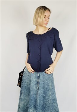 90s navy blue embroidered short sleeve minimalist blouse