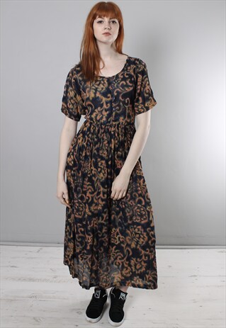 VINTAGE 90S BLUE PATTERNED TIE BACK BUTTON FESTIVAL DRESS