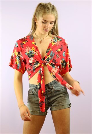 RED FLOWER WRAP TIE TOP