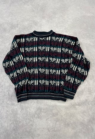 VINTAGE KNITTED JUMPER ABSTRACT PATTERNED GRANDAD SWEATER