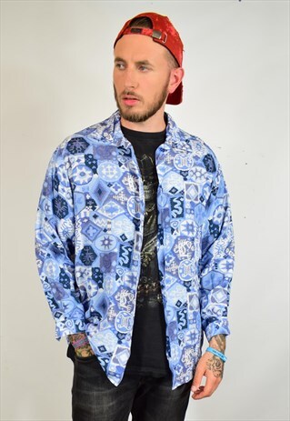 VINTAGE 90S BLUE FUNKY PRINT FESTIVAL SHIRT