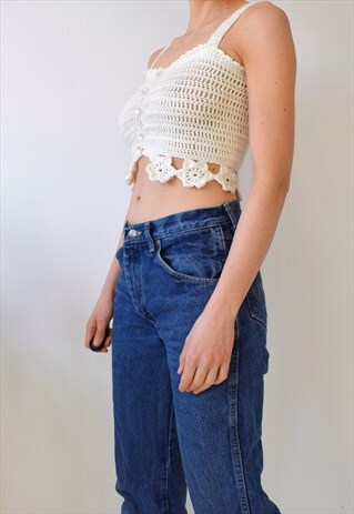 GORGEOUS VINTAGE 70S CROCHET FLOWER HEM KNIT CROP TOP