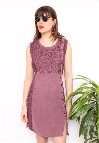 VINTAGE 90S PURPLE BOHO EMBROIDERED MINI DRESS