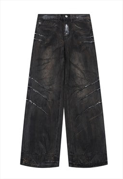 Black oil wash jeans dirty denim trouser ripped rave pants