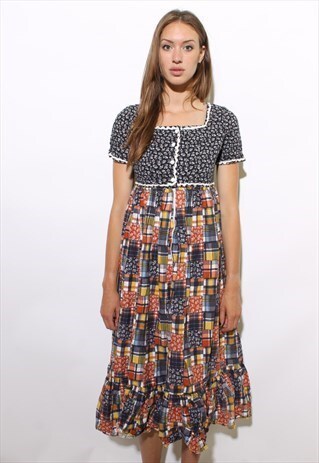 VINTAGE 70S PATCHWORK CALICO FLORAL MAXI DRESS FOLK M L