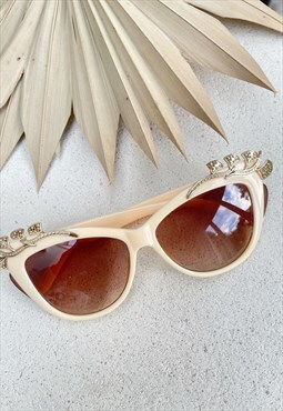 Cream Gold Retro Cat Eye Floral Embellished Sunglasses