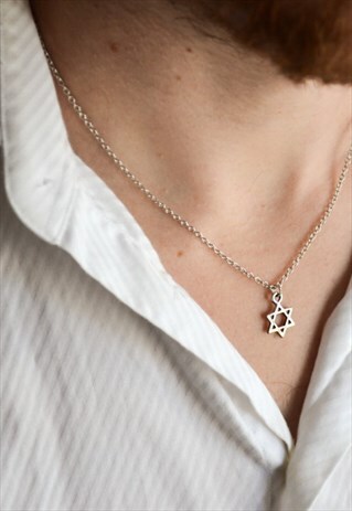 SILVER STAR OF DAVID CHAIN NECKLACE FOR MEN JEWISH, STEEL