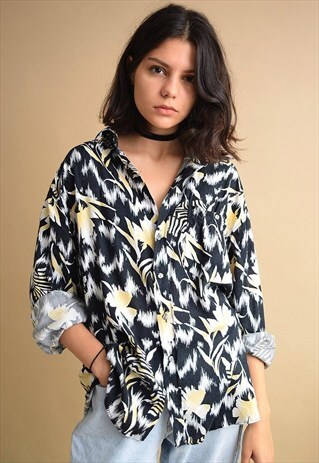 90'S RETRO FLORAL HAWAII PATTERN OVERSIZED SHIRT TOP