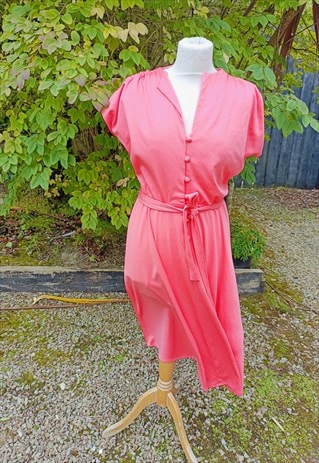 Vintage Pink Drawstring Shoulder Button Up Midi Dress