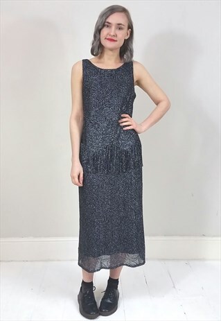 VINTAGE 80'S FLAPPER SILVER METALLIC OVERLAY FRINGE DRESS