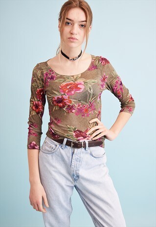 90'S RETRO FLORAL PRINT KITSCH SHEER MESH PARTY TOP