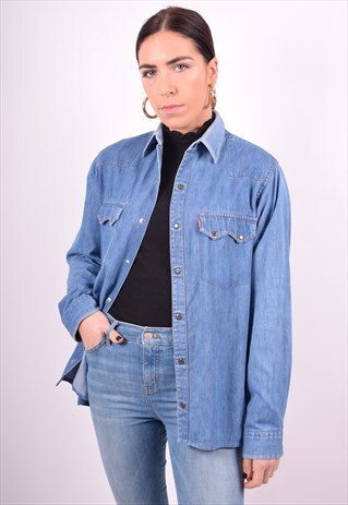 WOMENS VINTAGE DENIM SHIRT LARGE BLUE 90'S