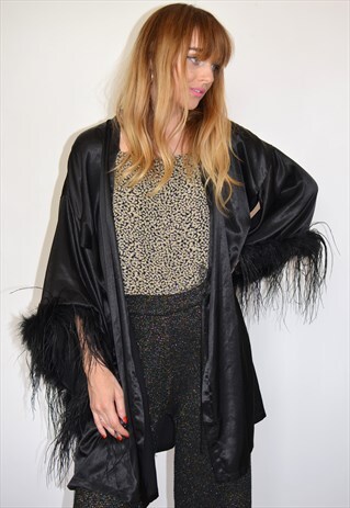 VINTAGE 90S BLACK SATIN MARABOU FESTIVAL KIMONO JACKET