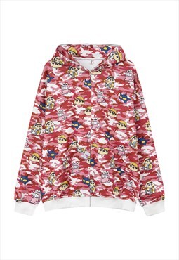 Camo hoodie anime print pullover Kawaii cartoon top in pink
