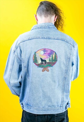 AWESOME VINTAGE HOWLING WOLF EMBROIDERED DENIM JACKET