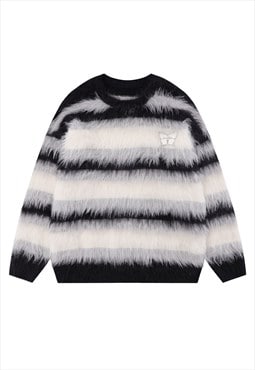 Striped sweater fluffy knitted jumper soft fleece in black