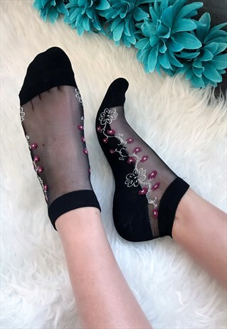 BLACK SHEER TOP FLORAL SOCKS