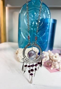 Y2K Boho Silver Necklace with Purple Glass Stones