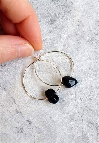 MINI OBSIDIAN GEM STONE HOOP EARRINGS