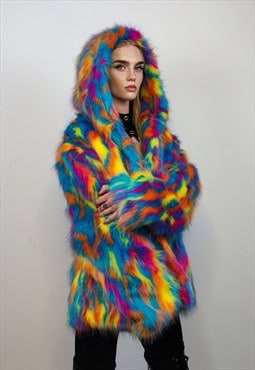 Hooded fauxfur psychedelic jacket 70s bomber neon raver coat