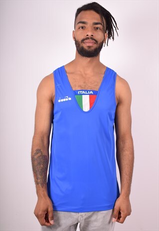 DIADORA MENS VINTAGE ITALIA VEST TOP SMALL BLUE 90S
