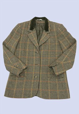 Green Brown Tweed Check Wool Blazer Jacket Vintage Retro