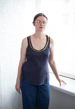 VINTAGE 80'S NAVY BEADED COLLAR TOP