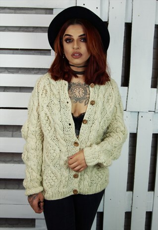 CREAM CHUNKY KNIT ARAN BUTTON UP CARDIGAN