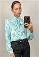 Vintage Turquoise Semi-Sheer Pussybow Long Sleeve Top